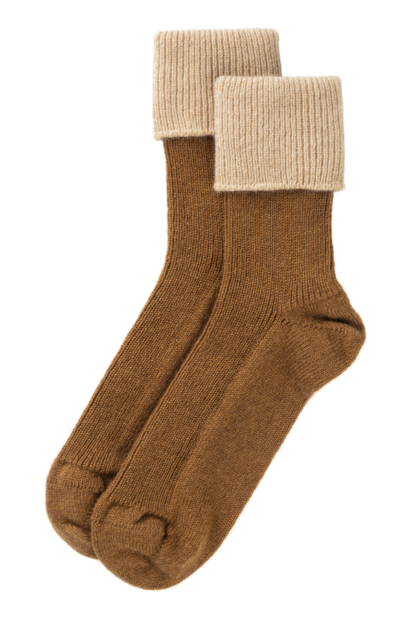 Contrast turnover cashmere Bed Socks, Caramel + Linen