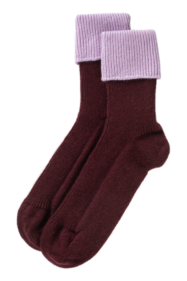 Contrast turnover cashmere Bed Socks, Kirsch + Lupin