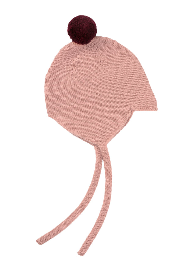 Cashmere Baby Bonnet, Coral with Damson Pom