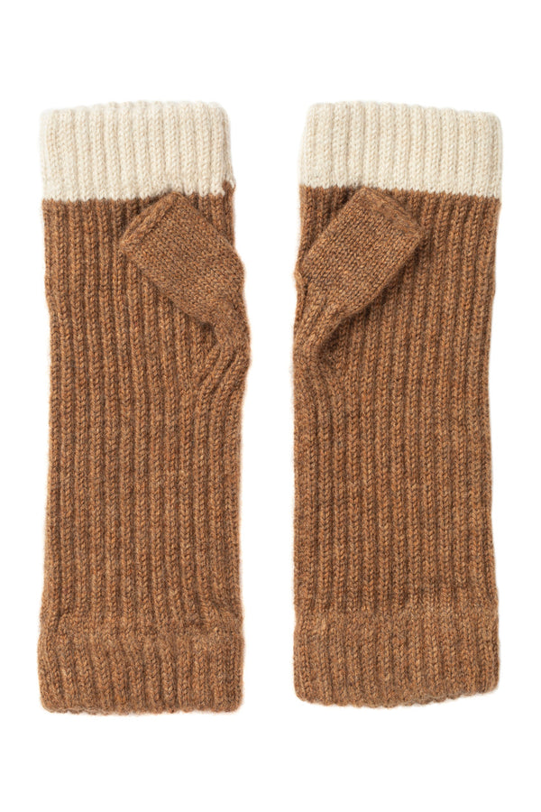 Ribbed contrast trim Wrist Warmers, Caramel/Ivory