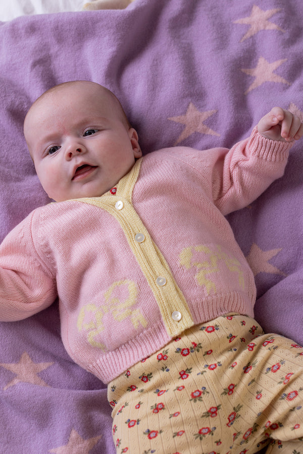 Baby + Children's Contrast-Trim Cashmere Cardigan with Bow Motif, Marshmallow + Lemon