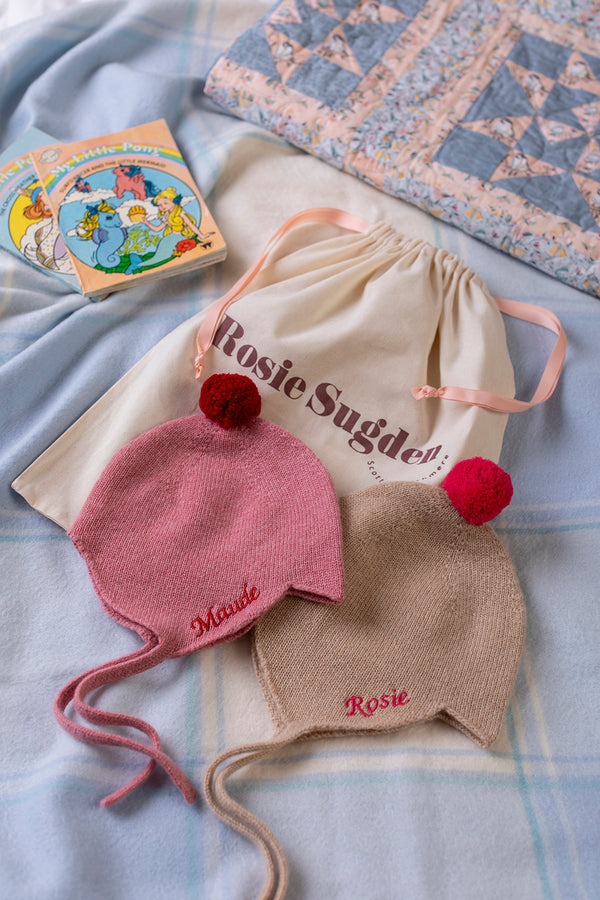 Cashmere Baby Bonnet, Dusky Pink + Chianti Pom