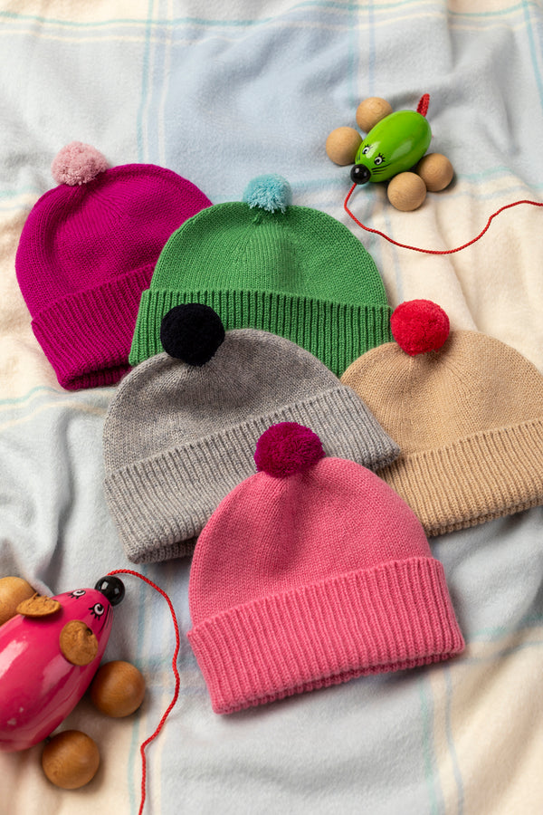 Children's Cashmere Beanie, Camel with Blusher Pom-Pom
