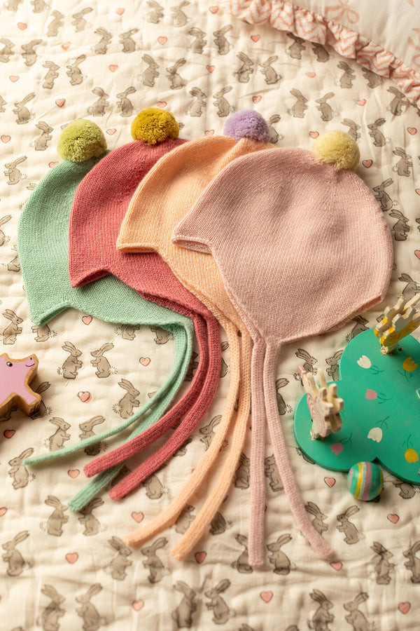 Cashmere Baby Bonnet, Peach + Lupin Pom