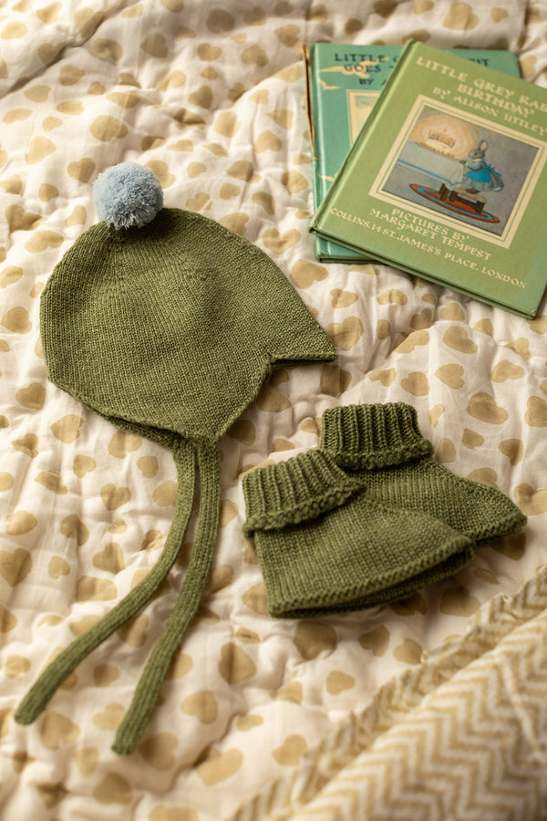 Cashmere Baby Bonnet, Ivy with Blue Mist Pom-Pom