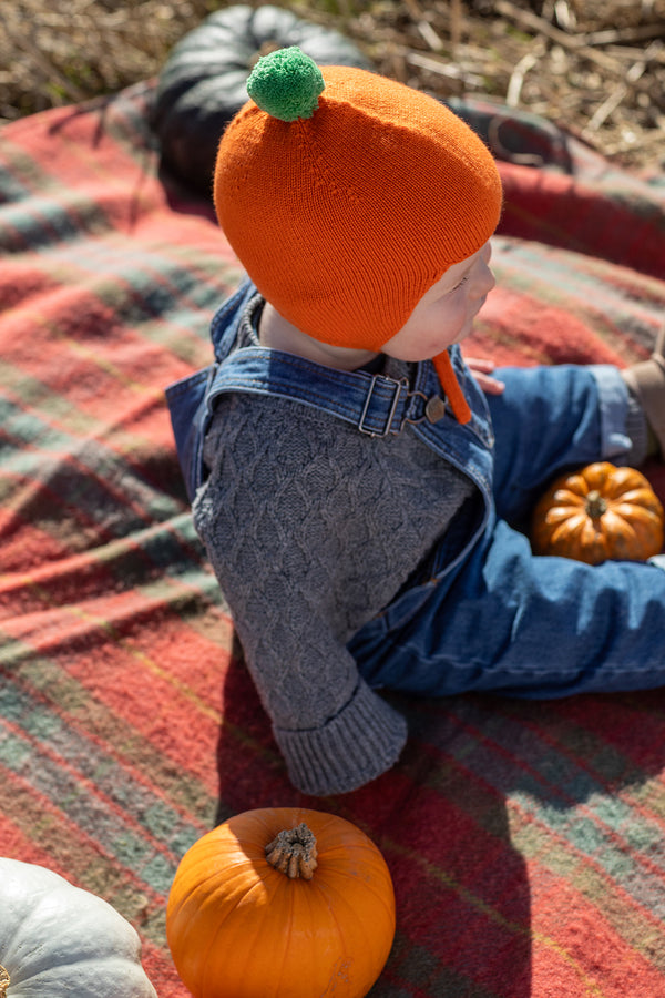 Limited Edition Halloween Cashmere Baby Bonnet, Pumpkin with Fern Pom-Pom