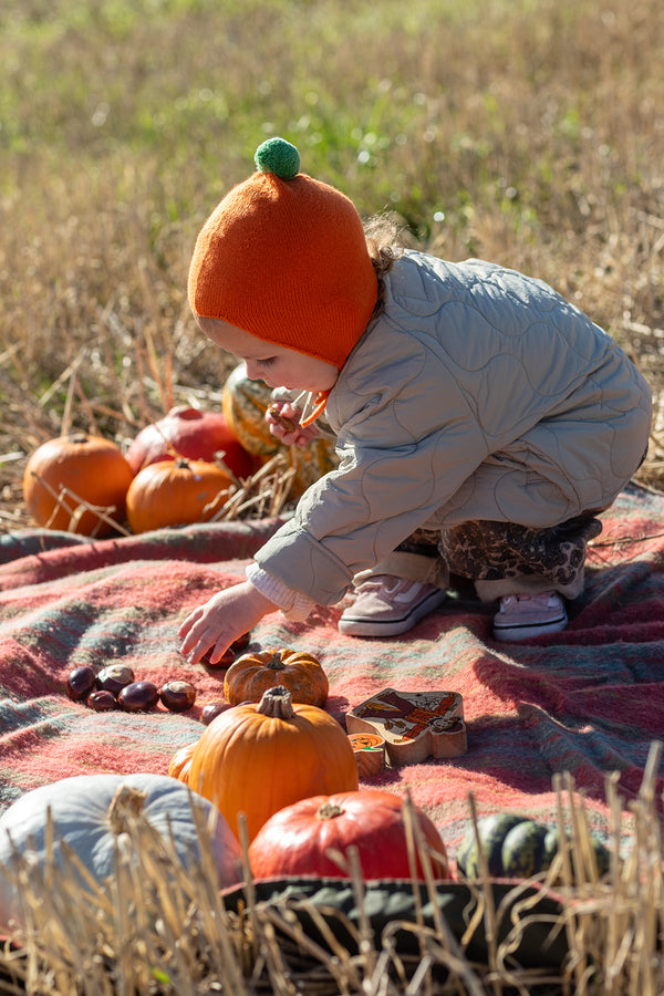 Limited Edition Halloween Cashmere Baby Bonnet, Pumpkin with Fern Pom-Pom
