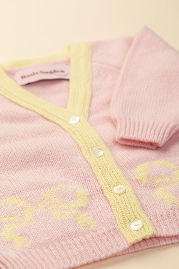 Baby + Children's Contrast-Trim Cashmere Cardigan with Bow Motif, Marshmallow + Lemon