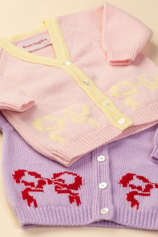 Baby + Children's Contrast-Trim Cashmere Cardigan with Bow Motif, Marshmallow + Lemon