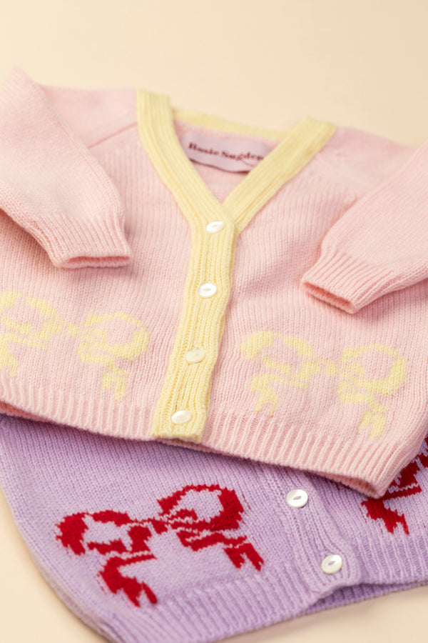 Baby + Children's Contrast-Trim Cashmere Cardigan with Bow Motif, Marshmallow + Lemon