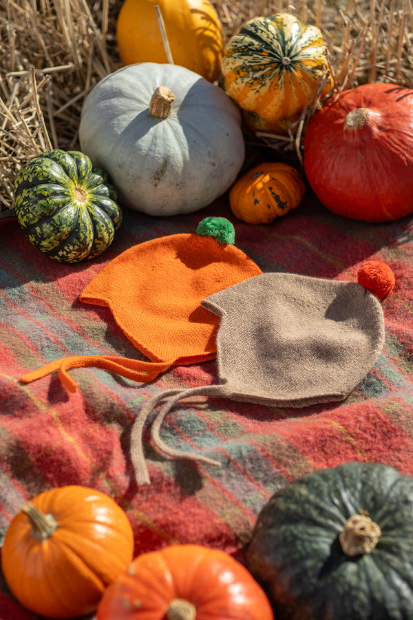 Limited Edition Halloween Cashmere Baby Bonnet, Pumpkin with Fern Pom-Pom