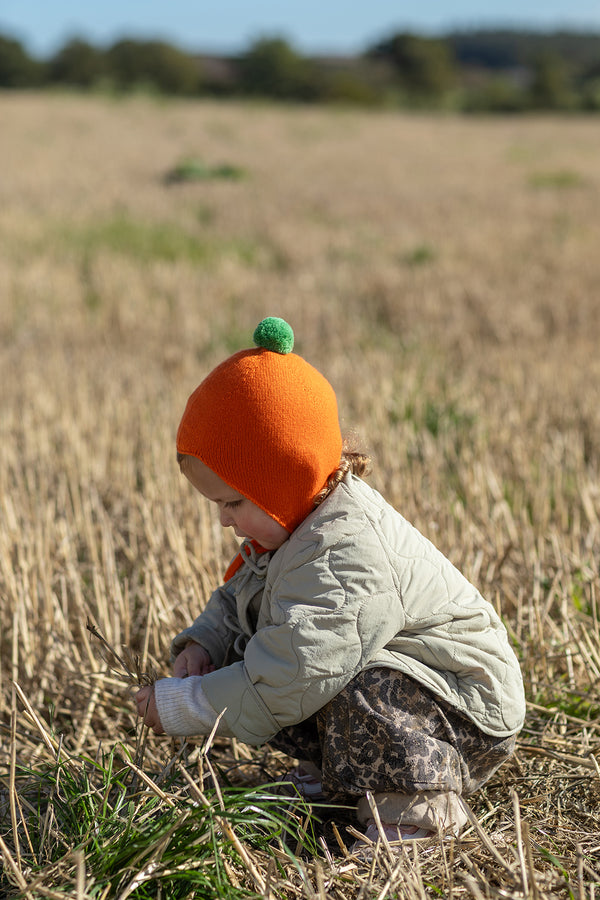 Limited Edition Halloween Cashmere Baby Bonnet, Pumpkin with Fern Pom-Pom