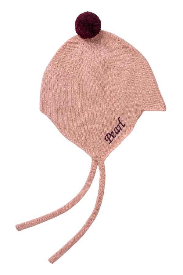 Cashmere Baby Bonnet, Coral with Damson Pom-Pom