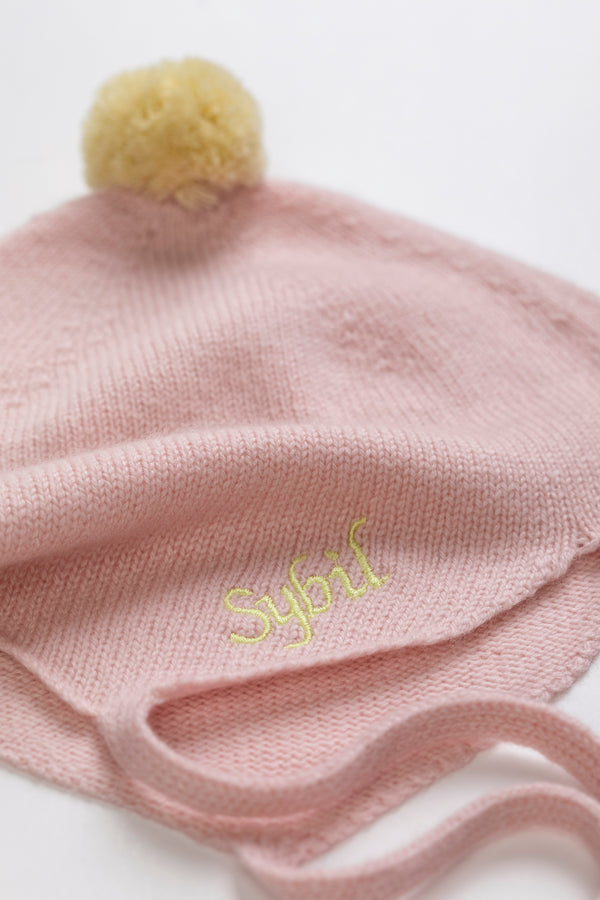 Cashmere Baby Bonnet, Marshmallow with Lemon Pom-Pom