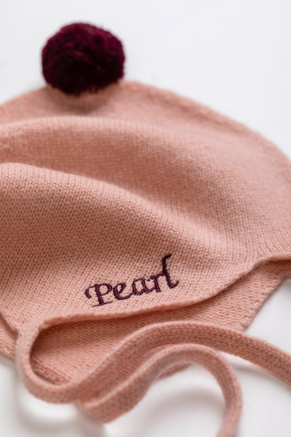 Cashmere Baby Bonnet, Coral with Damson Pom-Pom