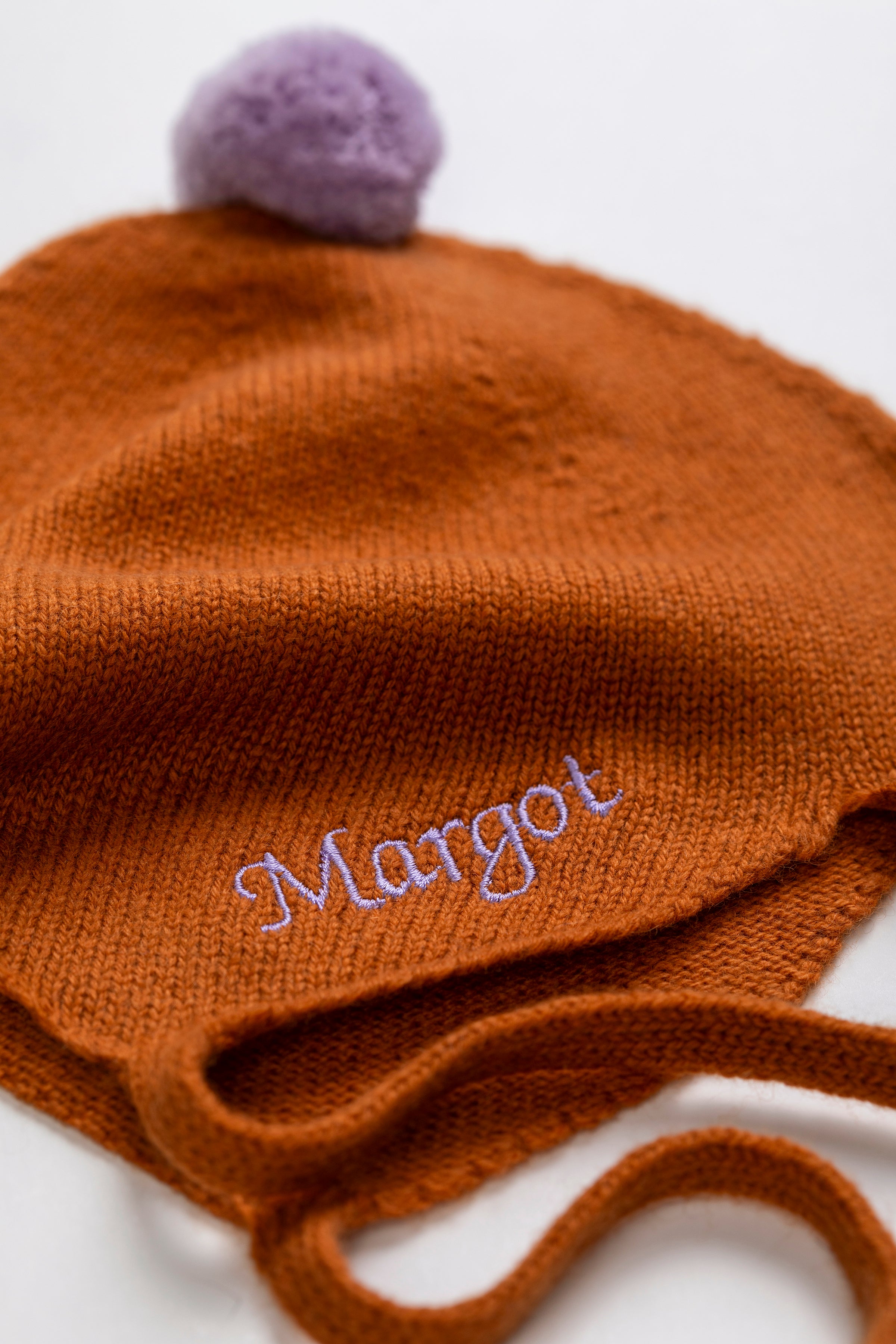 Cashmere Baby Bonnet, Ginger with Lupin Pom-Pom – Rosie Sugden