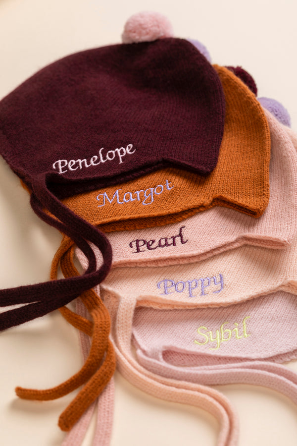 Cashmere Baby Bonnet, Kirsch with Marshmallow Pom-Pom