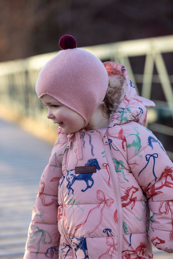 Cashmere Baby Bonnet, Coral with Damson Pom-Pom