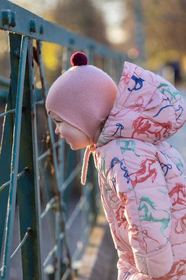 Cashmere Baby Bonnet, Coral with Damson Pom-Pom