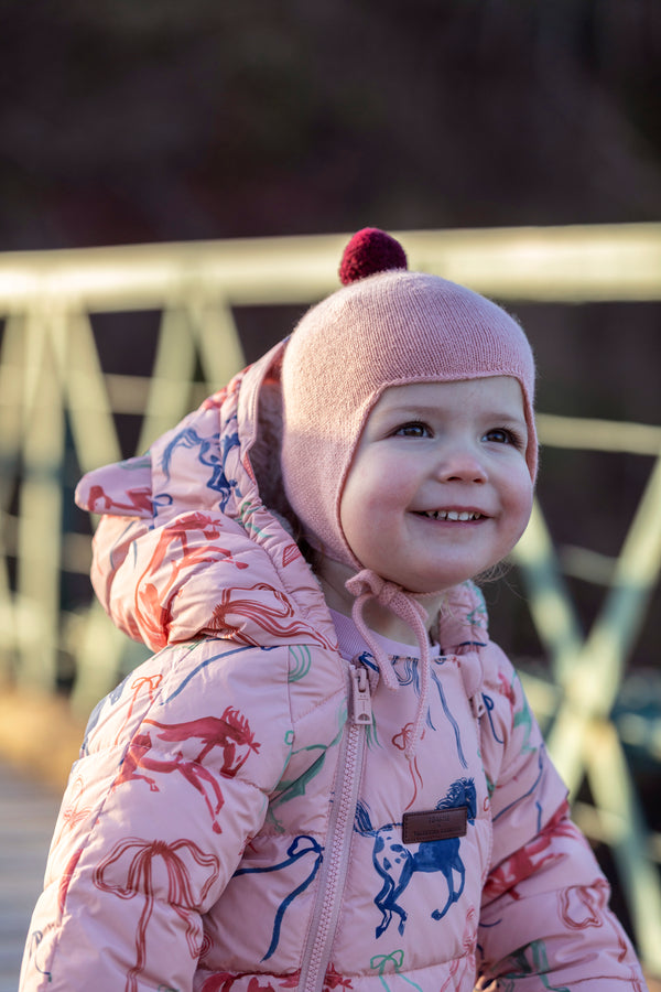 Cashmere Baby Bonnet, Coral with Damson Pom-Pom