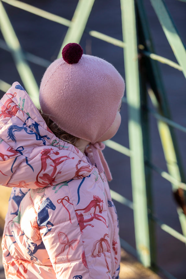 Cashmere Baby Bonnet, Coral with Damson Pom-Pom