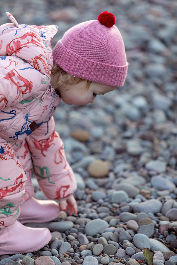 Children's Cashmere Beanie, Dusky Pink + Regal Red Pom-Pom