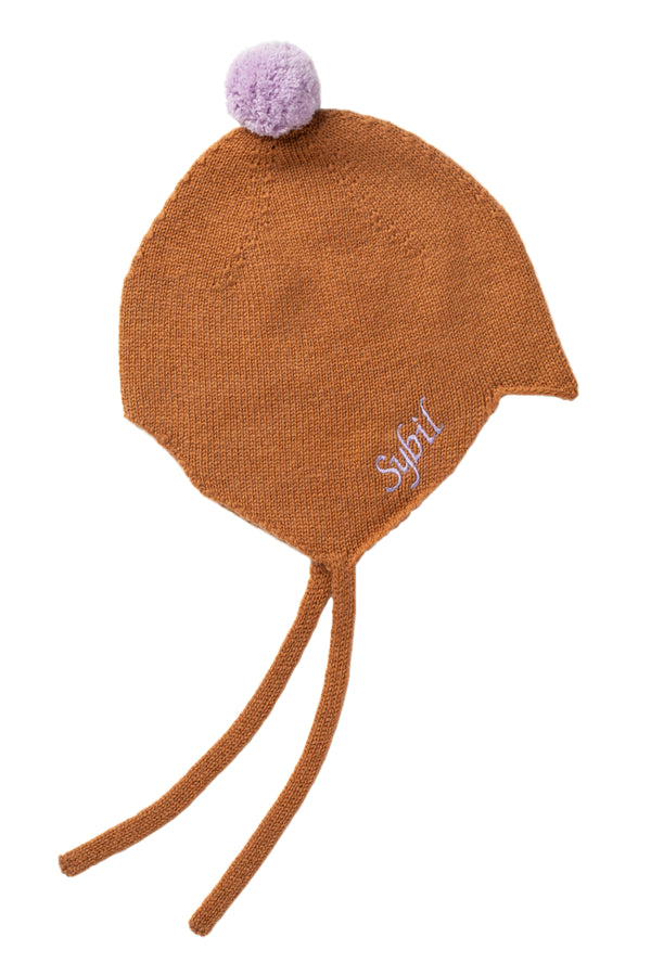 Cashmere Baby Bonnet, Toffee with Lupin Pom-Pom