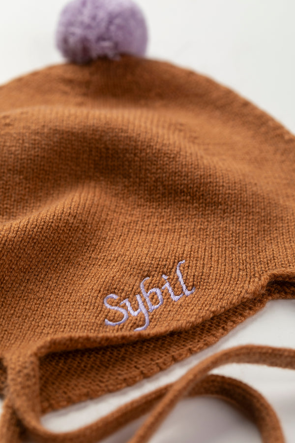 Cashmere Baby Bonnet, Toffee with Lupin Pom-Pom