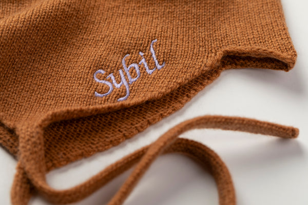 Cashmere Baby Bonnet, Toffee with Lupin Pom-Pom