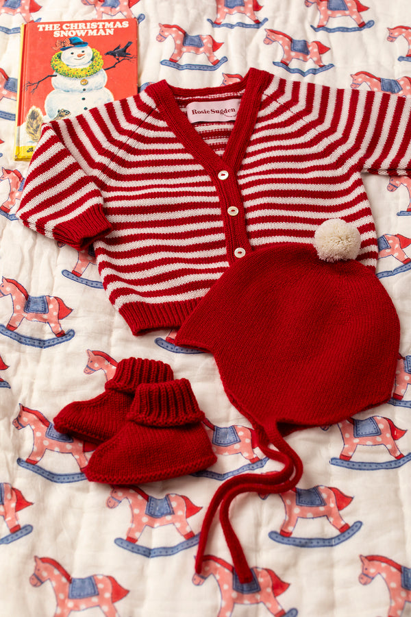 "My First Christmas" Cashmere Baby Bonnet, Festive Red with White Pom