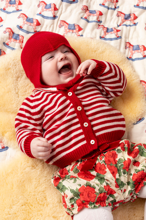 "My First Christmas" Cashmere Baby Bonnet, Festive Red with White Pom