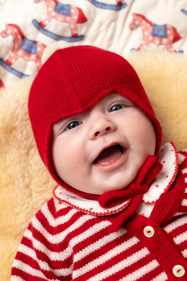"My First Christmas" Cashmere Baby Bonnet, Festive Red with White Pom