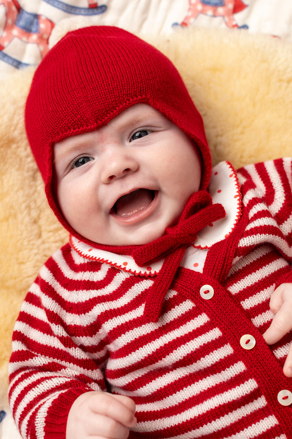 "My First Christmas" Cashmere Baby Bonnet, Festive Red with White Pom