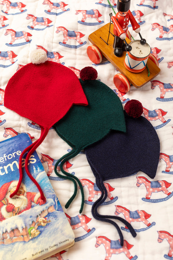 "My First Christmas" Cashmere Baby Bonnet, Festive Red with White Pom
