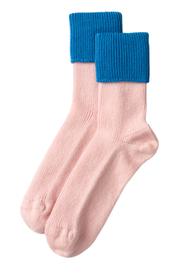Cashmere Contrast Turnover Bed Socks, Marshmallow + Hawaiian Blue