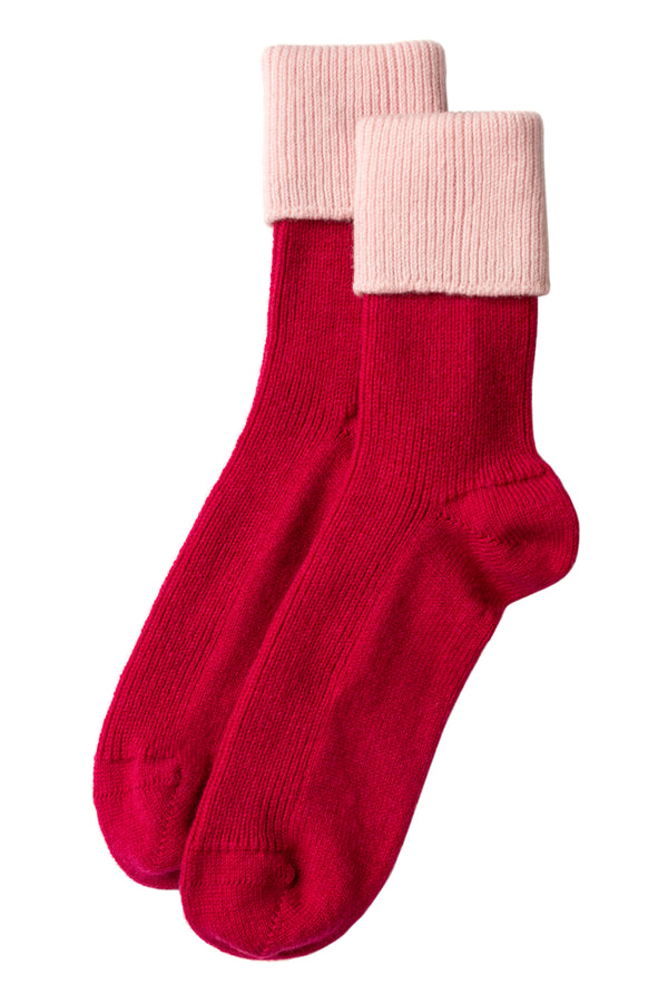 Cashmere Contrast Turnover Bed Socks, Razzle Dazzle + Marshmallow