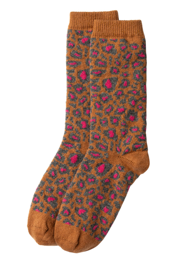 3-Colour Leopard Pattern Cashmere Socks, Caramel