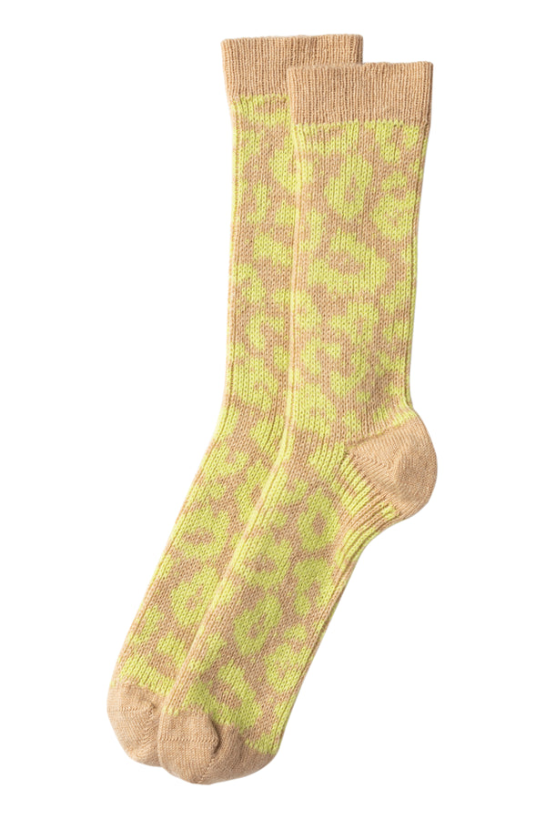 2-Colour Leopard Pattern Cashmere Socks, Natural
