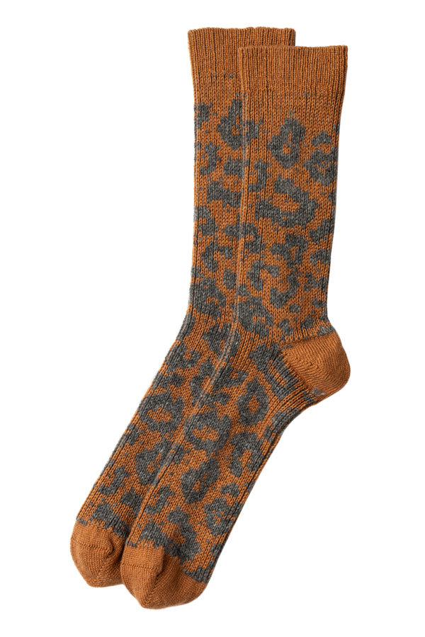 2-Colour Leopard Pattern Cashmere Socks, Caramel