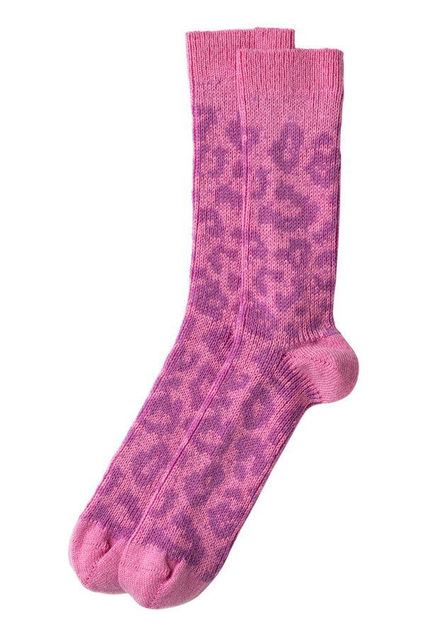 2-Colour Leopard Pattern Cashmere Socks, Sweet Pea