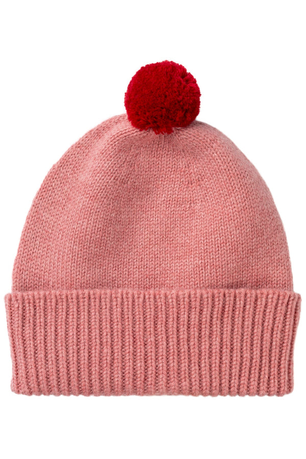 Children's Cashmere Beanie, Dusky Pink + Regal Red Pom-Pom