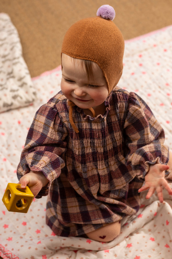 Cashmere Baby Bonnet, Ginger with Lupin Pom-Pom