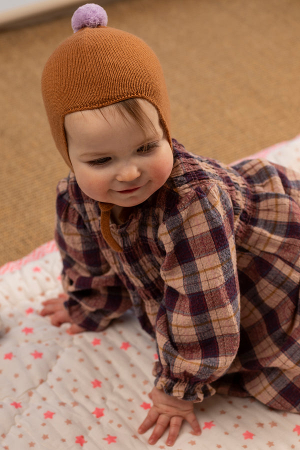 Cashmere Baby Bonnet, Toffee with Lupin Pom-Pom