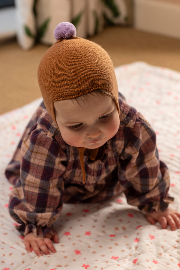 Cashmere Baby Bonnet, Toffee with Lupin Pom-Pom
