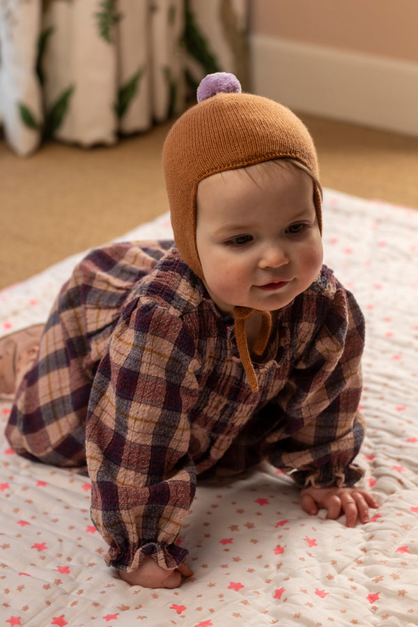 Cashmere Baby Bonnet, Toffee with Lupin Pom-Pom