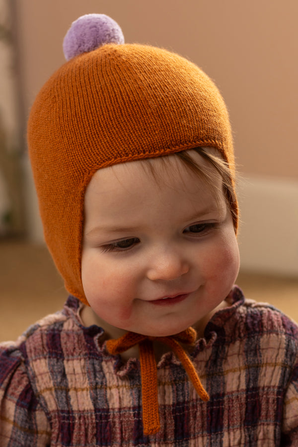 Cashmere Baby Bonnet, Ginger with Lupin Pom-Pom