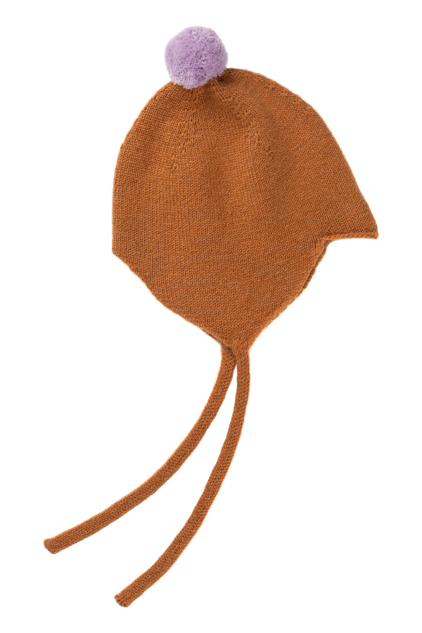 Cashmere Baby Bonnet, Toffee with Lupin Pom-Pom