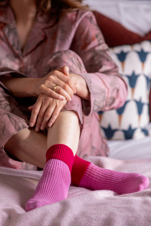 Cashmere Contrast Turnover Bed Socks, Sweet Pea + Razzle Dazzle