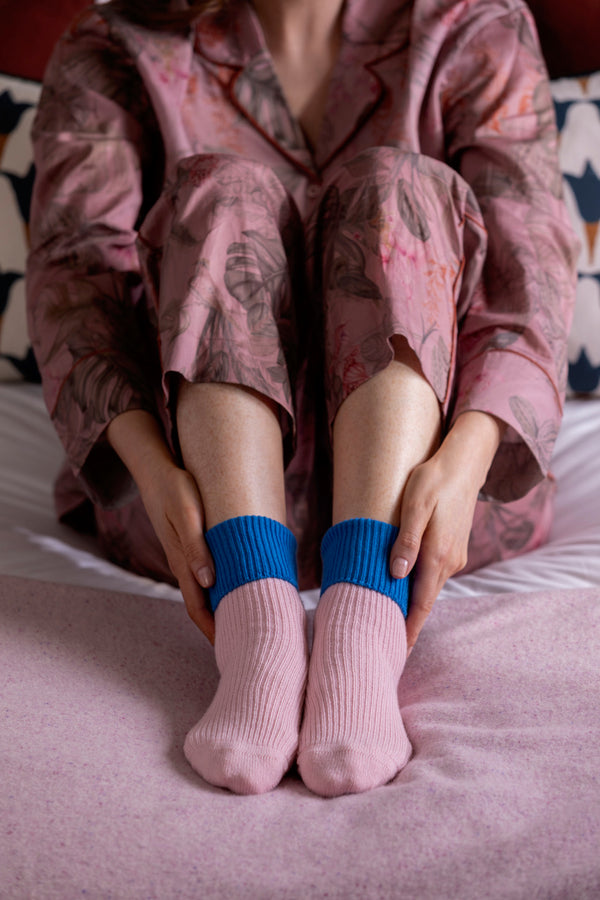 Cashmere Contrast Turnover Bed Socks, Marshmallow + Hawaiian Blue