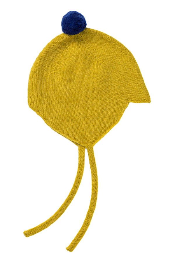 Cashmere Baby Bonnet, Gold Dust with Delphinium Pom-Pom